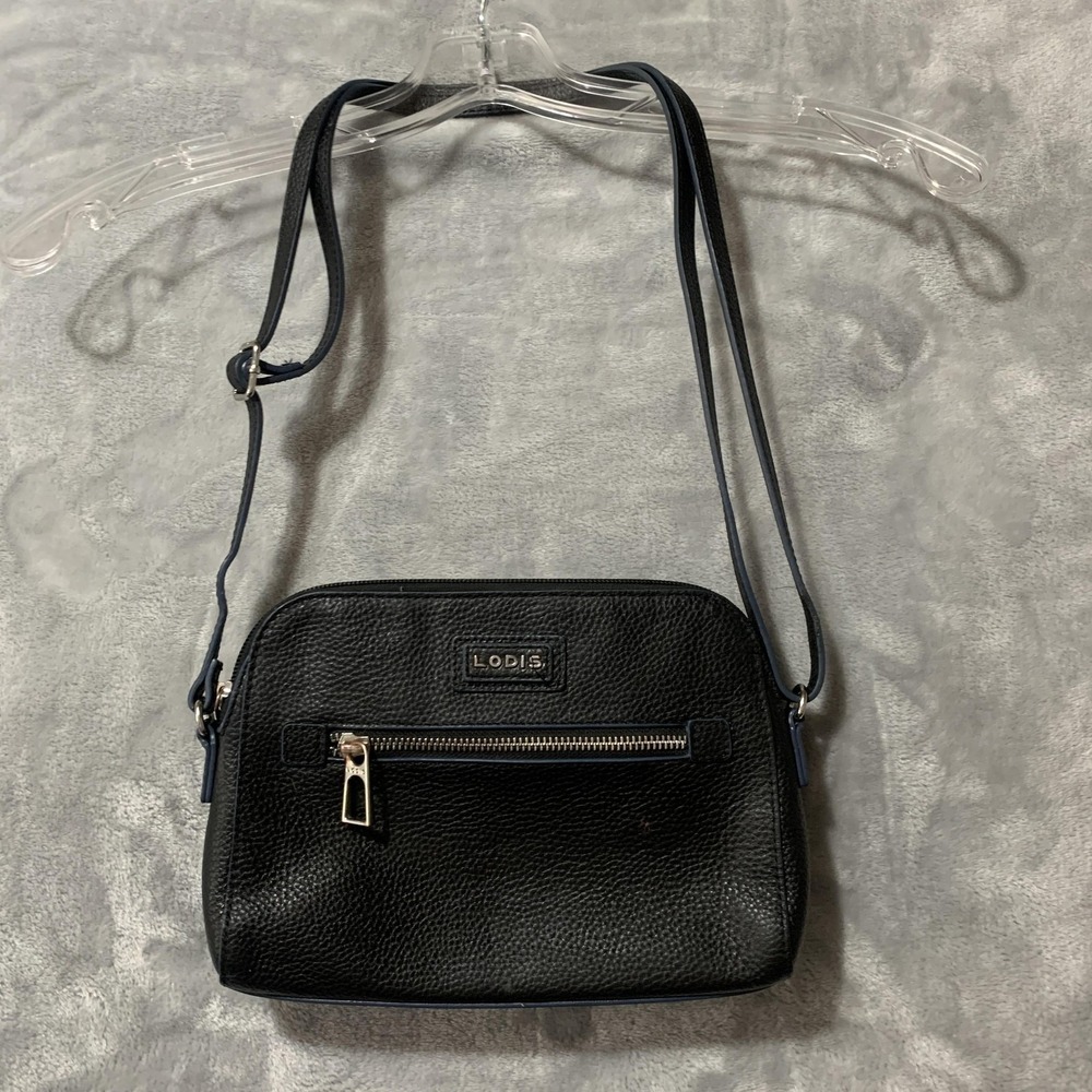 Lodis Womens Black Pebbled Leather Crossbody Bag Floral Lining Small 10x7 in